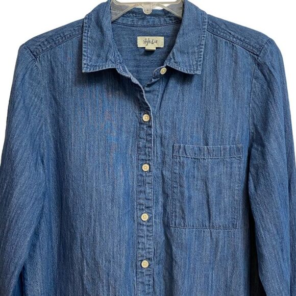 Style & Co. Chambray Boyfriend Shirt Women's Size M Blue Button-Down - Picture 5 of 16